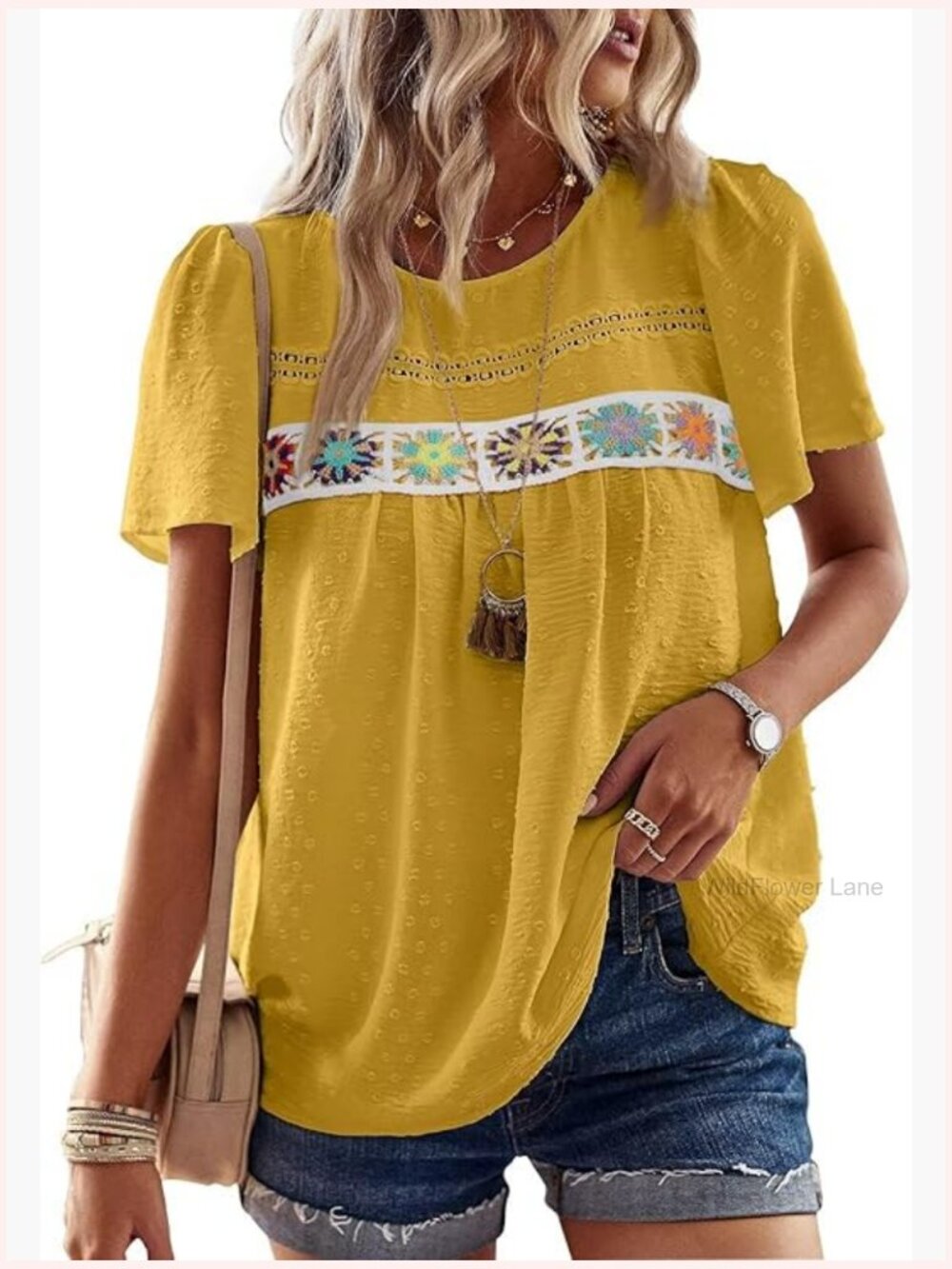 Boho Floral Crochet Tunic - Short Sleeve Crew Neck Flowy Top